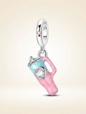 S925 Silver Pink Blue Tumbler Cup Charm Heart CZ Pandora Fit Trendy Girl Gift